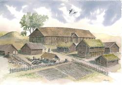 Stiklastadir, et langhus reiser seg.