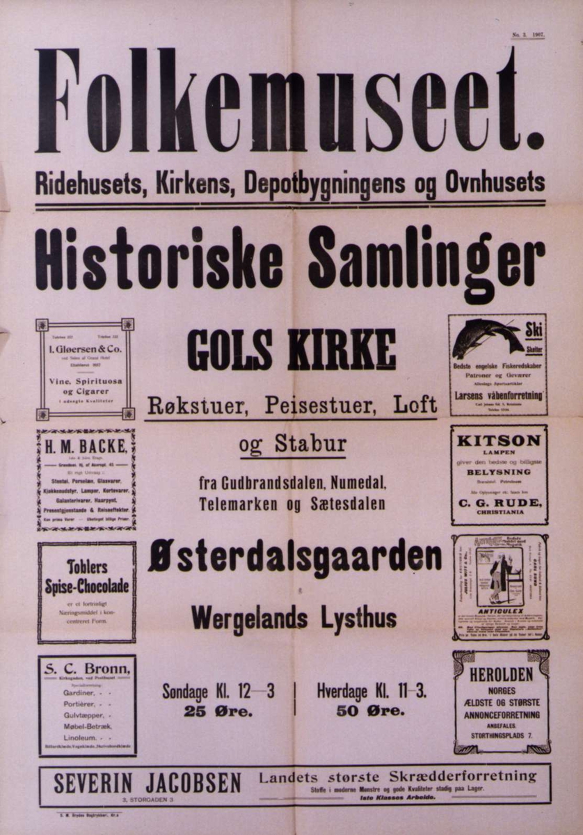 Plakat. Utstillinger på Norsk Folkemuseum i 1907.