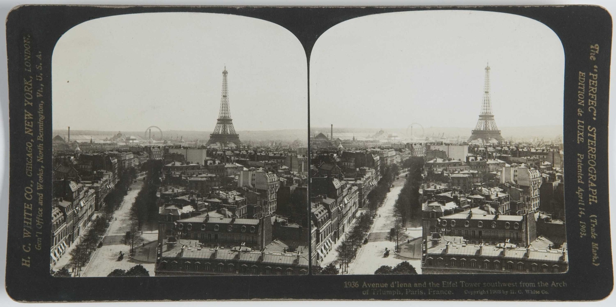 Stereoskopi. Oversiktsbilde fra Paris sett fra Triumfbuen mot Eifeltårnet.