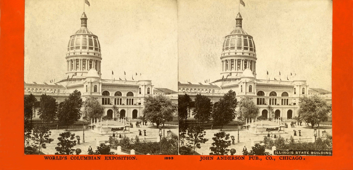 Stereoskopi. Illinois State Builing, USA. Fotografiet er tatt i forbindelse med World's Columbian Exposition, 1893.