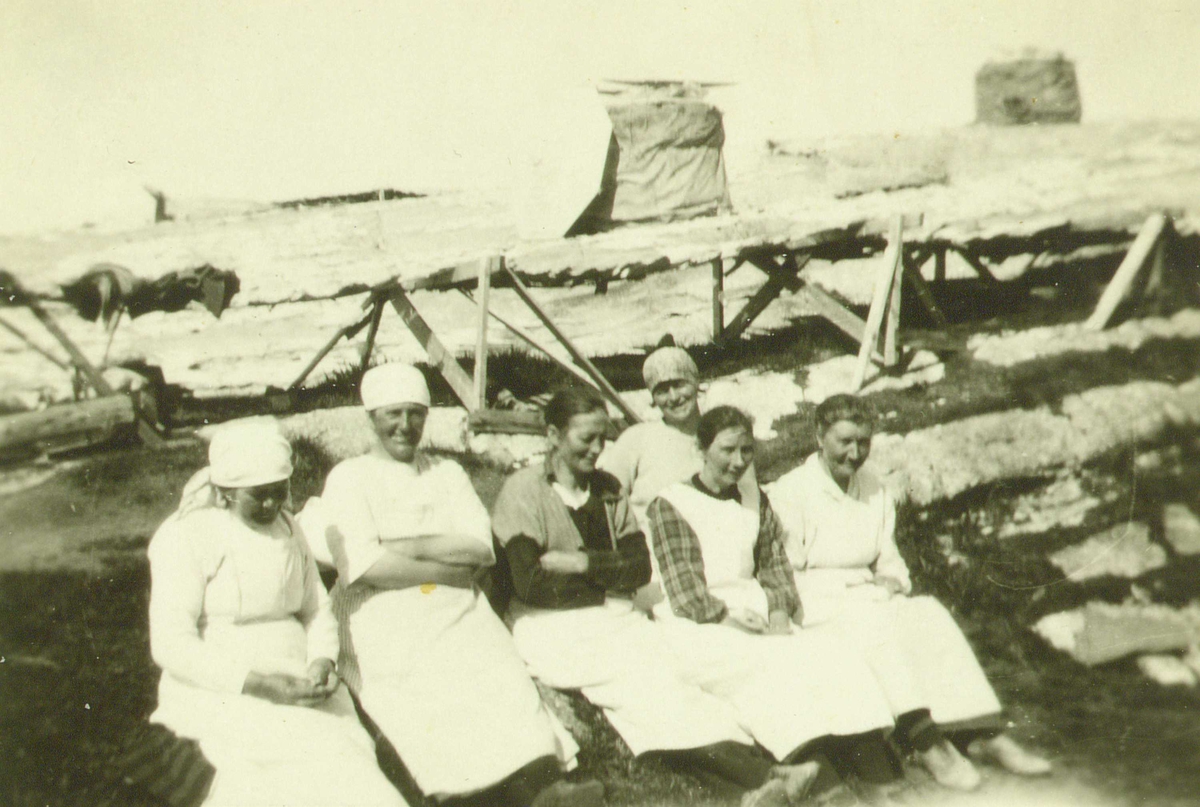Gruppe klippfiskarbeidere, Dale, Kristiansund, Møre og Romsdal, antakelig 1920-årene. Kvinner på "bergan" hvor klippfisken tørkes.