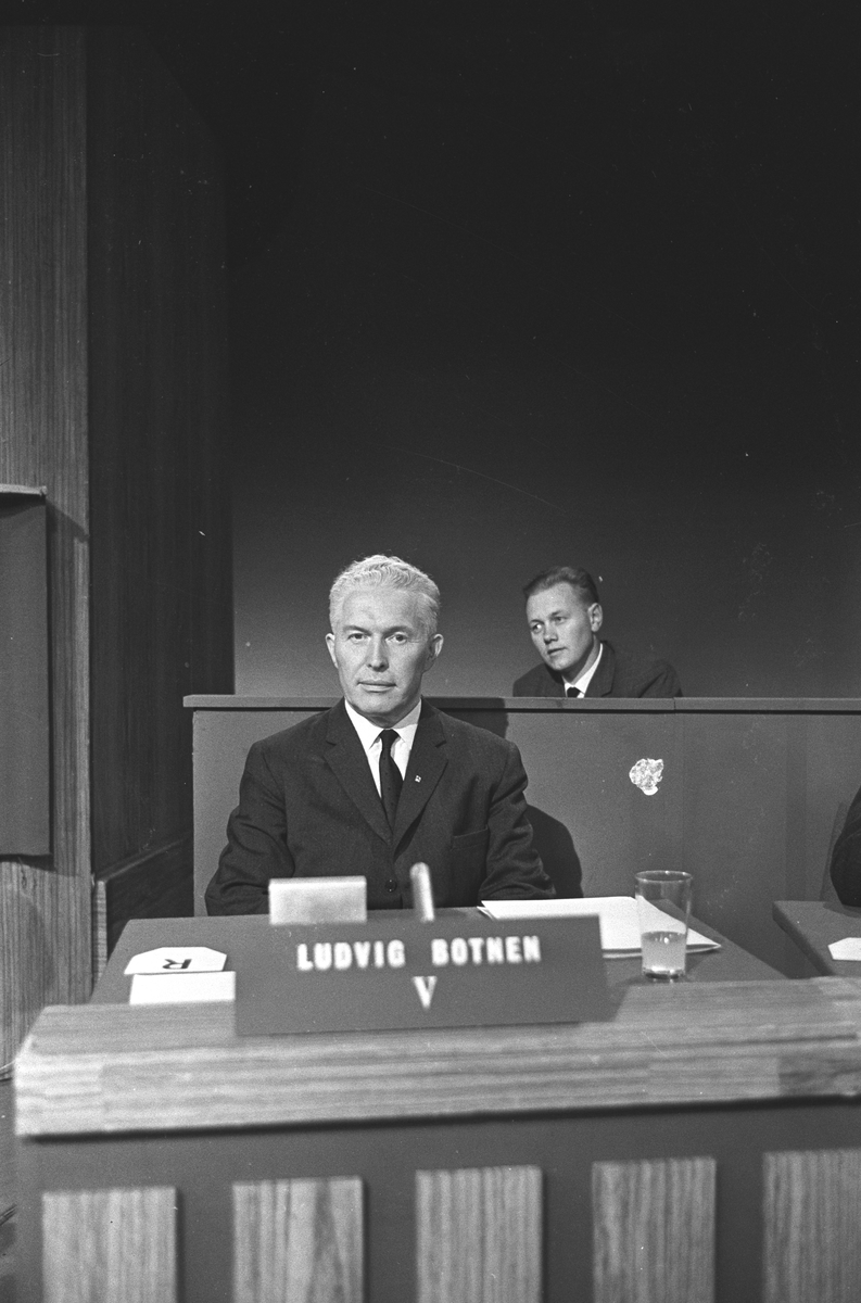 Serie bilder av Ludvik Botnen (V) i Høyres spørretime i radio og fjernsyn - 2 ganger (29.01.1954 og 27.08.1965?). Dessuten bilde av Knut Skaaluren (SP) og rektor Hjalmar Seim (AP). 