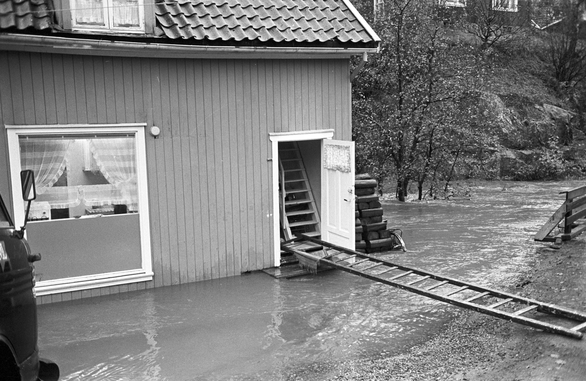 Serie. Stor flom i et boligområde i Røyken. Flere boliger står med vann opp til vinduene. Fotografert oktober 1964.