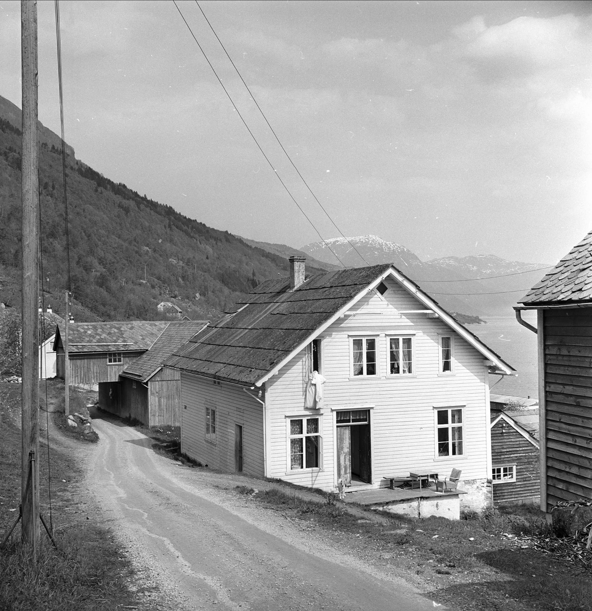 Sørfjorden i Hardanger, Hordaland, mai 1963. Bolighus langs vei.