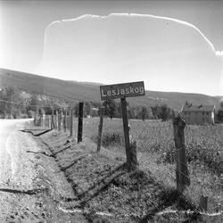 Lesjaskog, Lesja, Oppland. Landskap med gjerde og skilt.