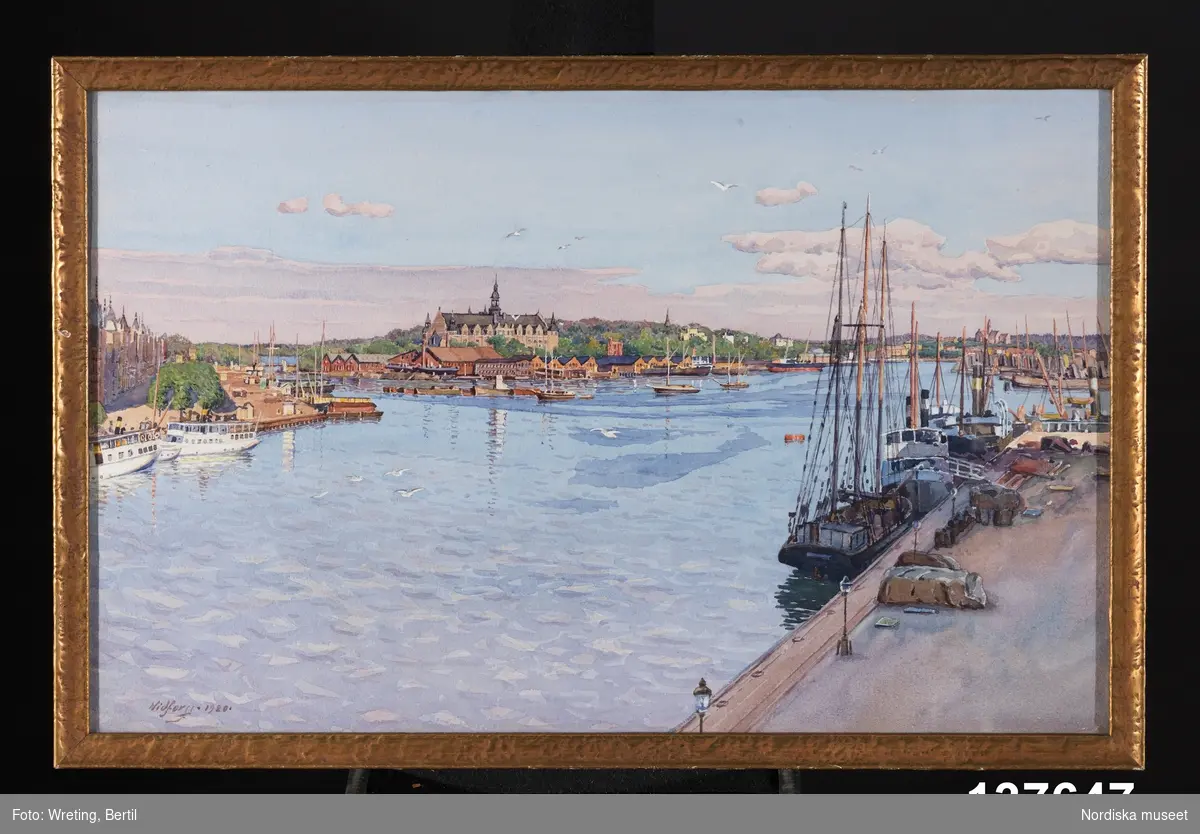 Huvudliggaren:
"Akvarell (47x 29,5 cm), framställer Djurgården med Nordiska museets byggnad sedd från Nybroviken. Sign Widforss 1920."