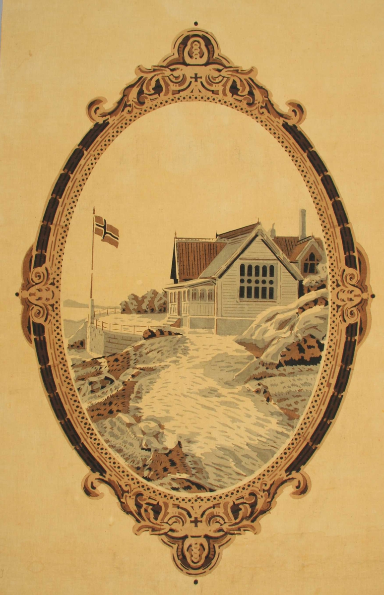 Medaljong med Gamle Fløystuen og Askøy i horisonten
