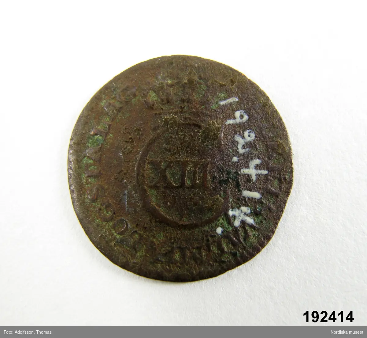 Mynt, koppar, 1/12 skilling (således felskrivet i huvudliggaren), Karl XIII, 1812.
/Ingrid Frankow 2008-03-11