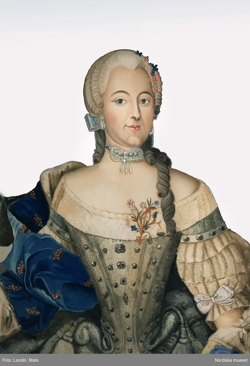 Porträtt, glasmålning av drottning Lovisa Ulrika efter förlaga av Antoine Pesne, 1750-tal. Inv.nr NM.0197884. Utan ram.