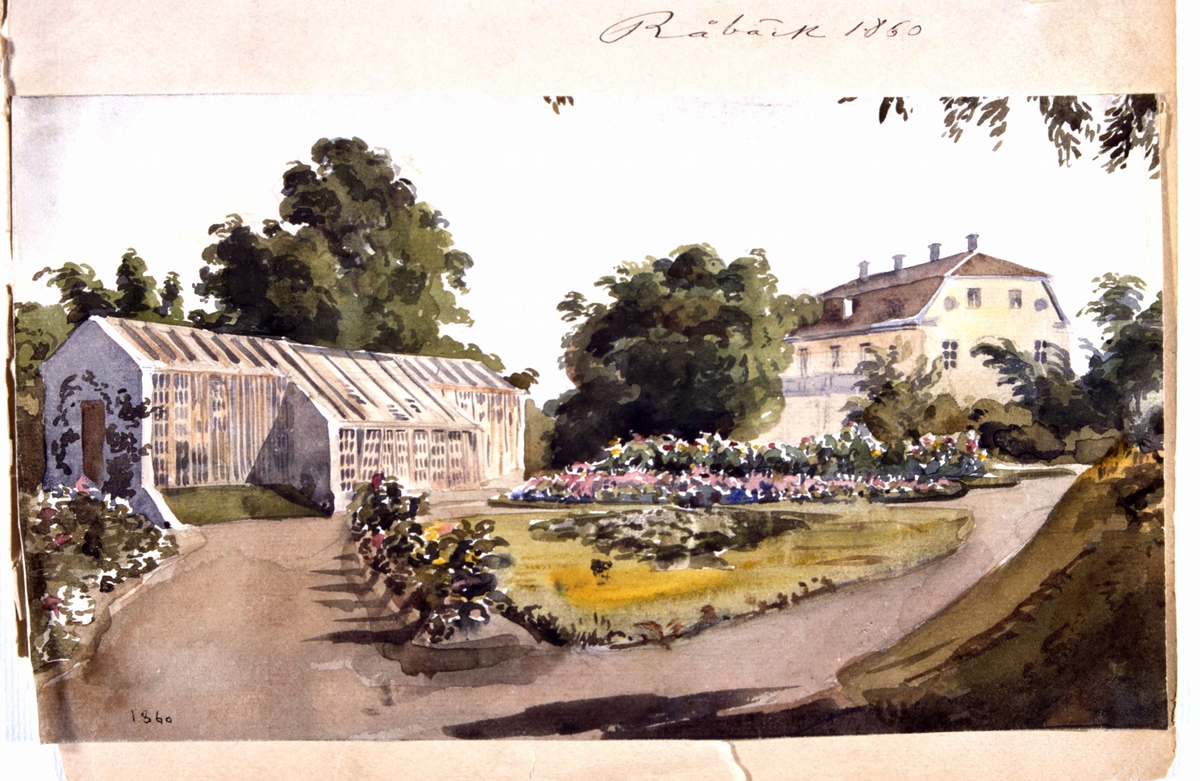 Råbäck, växthus på gården. Akvarell av Fritz von Dardel, 1860.