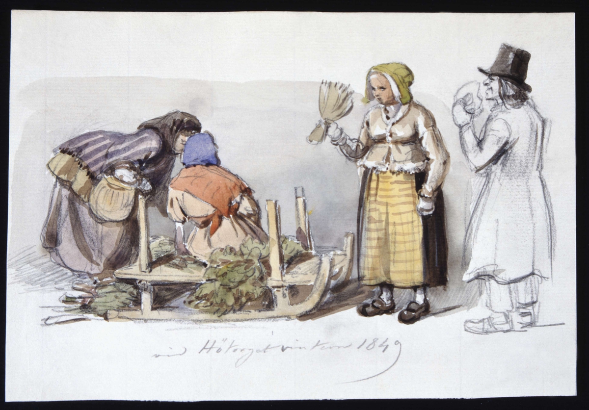 "Hötorget vintern 1849". Akvarellerad teckning av Fritz von Dardel.