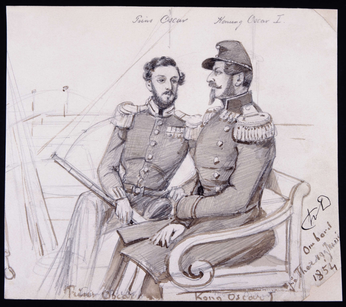 Prins Oscar och Kung Oscar I ombord på en båt. Tuschlavering, sepia av Fritz von Dardel, 1854