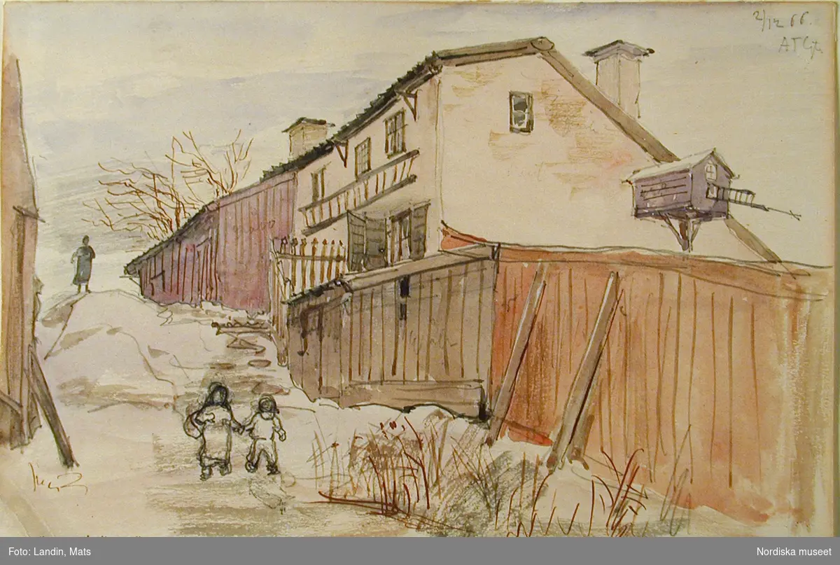 Akvarell av A T Gellerstedt. Vinterbild från Tjärhovs tvärgränd.