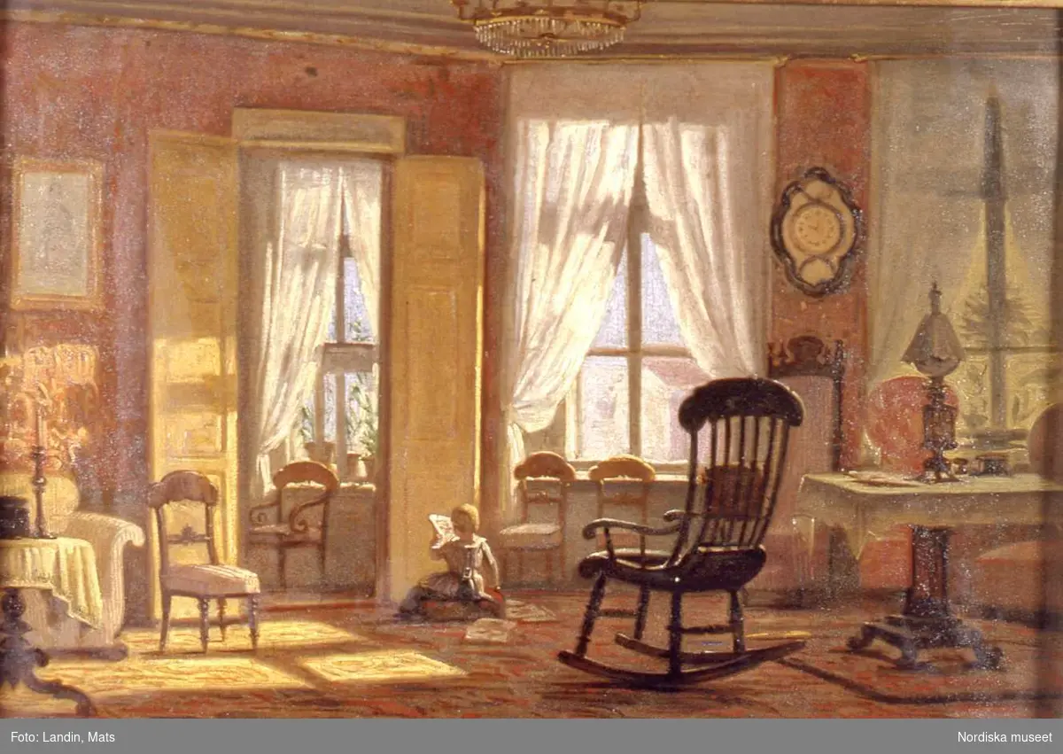 Interiör, salong med läsande flicka. J Z Blackstadius 1850. Nordiska museet inv nr 219694.