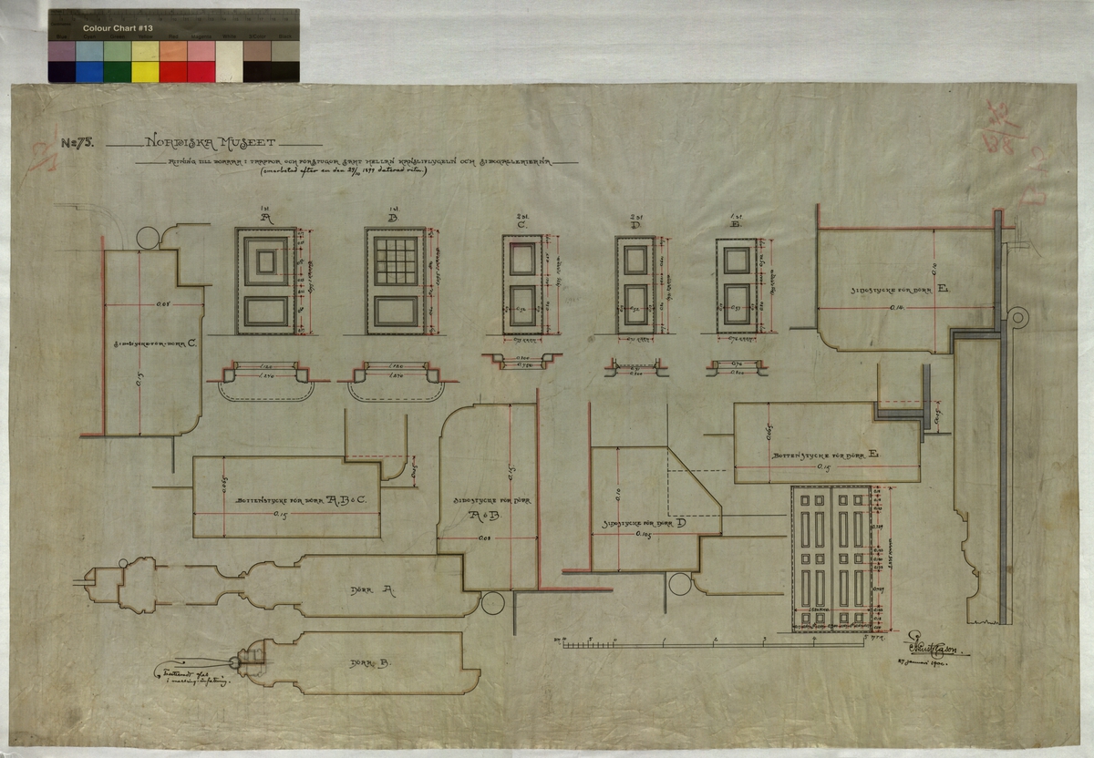 No 75. Nordiska museet. Ritning till dörrar och förstugor samt mellan ...