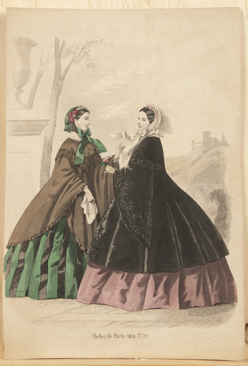 Kvinnor i modedräkt, klänning, jacka och huvudbonad, 1859