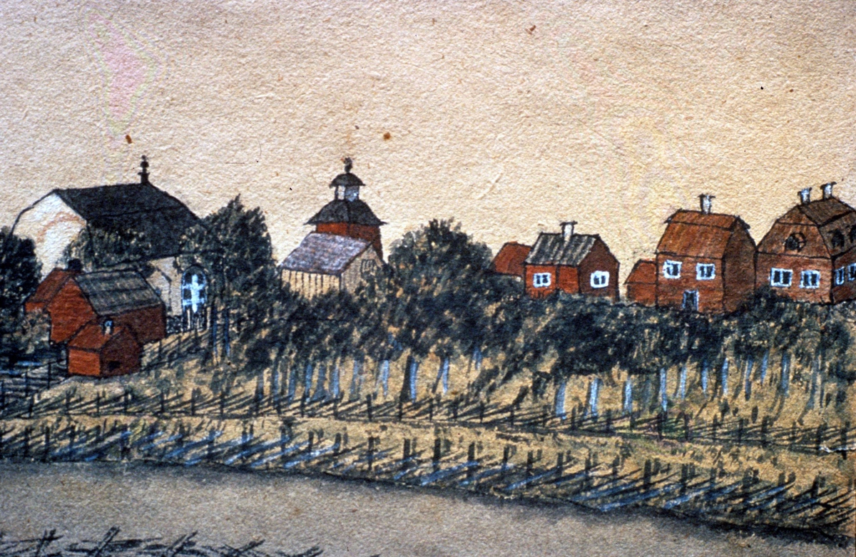Detalj av akvarell signerad E A Lidforss - Norrby kyrka och by, Norrby socken, Uppland