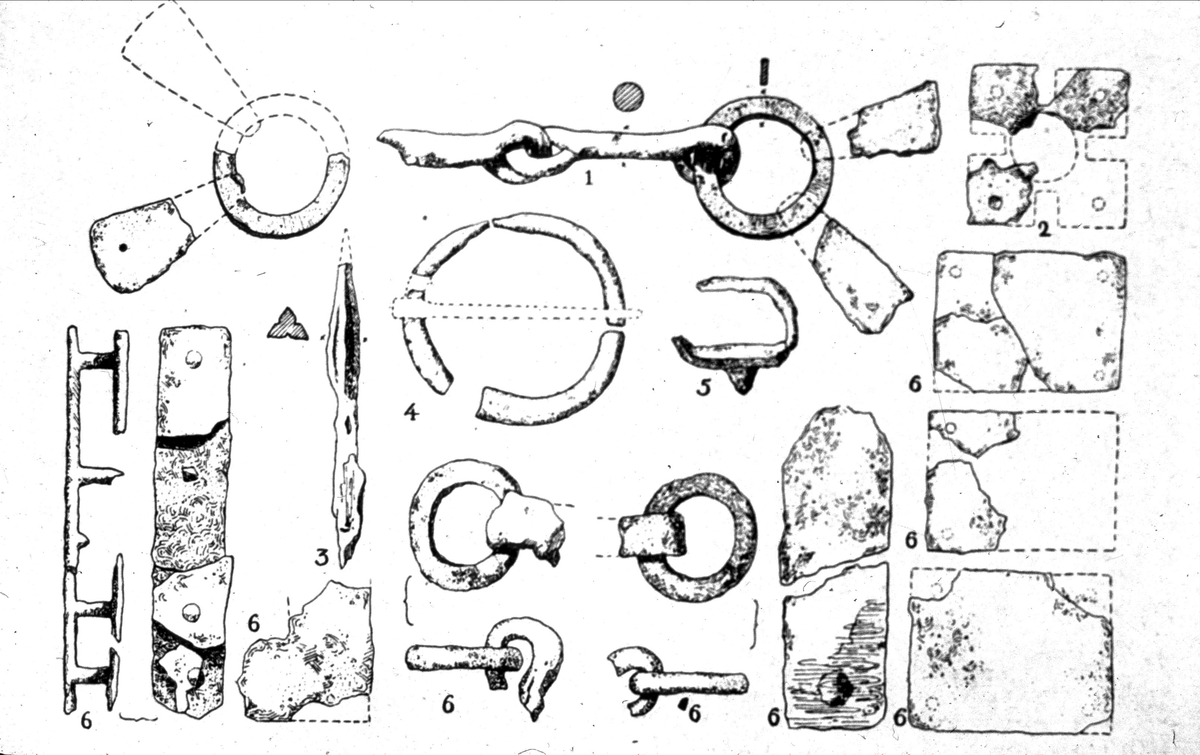 Teckning - "föremål från en kammargrav från vikingatiden vid Långtora", Uppland
