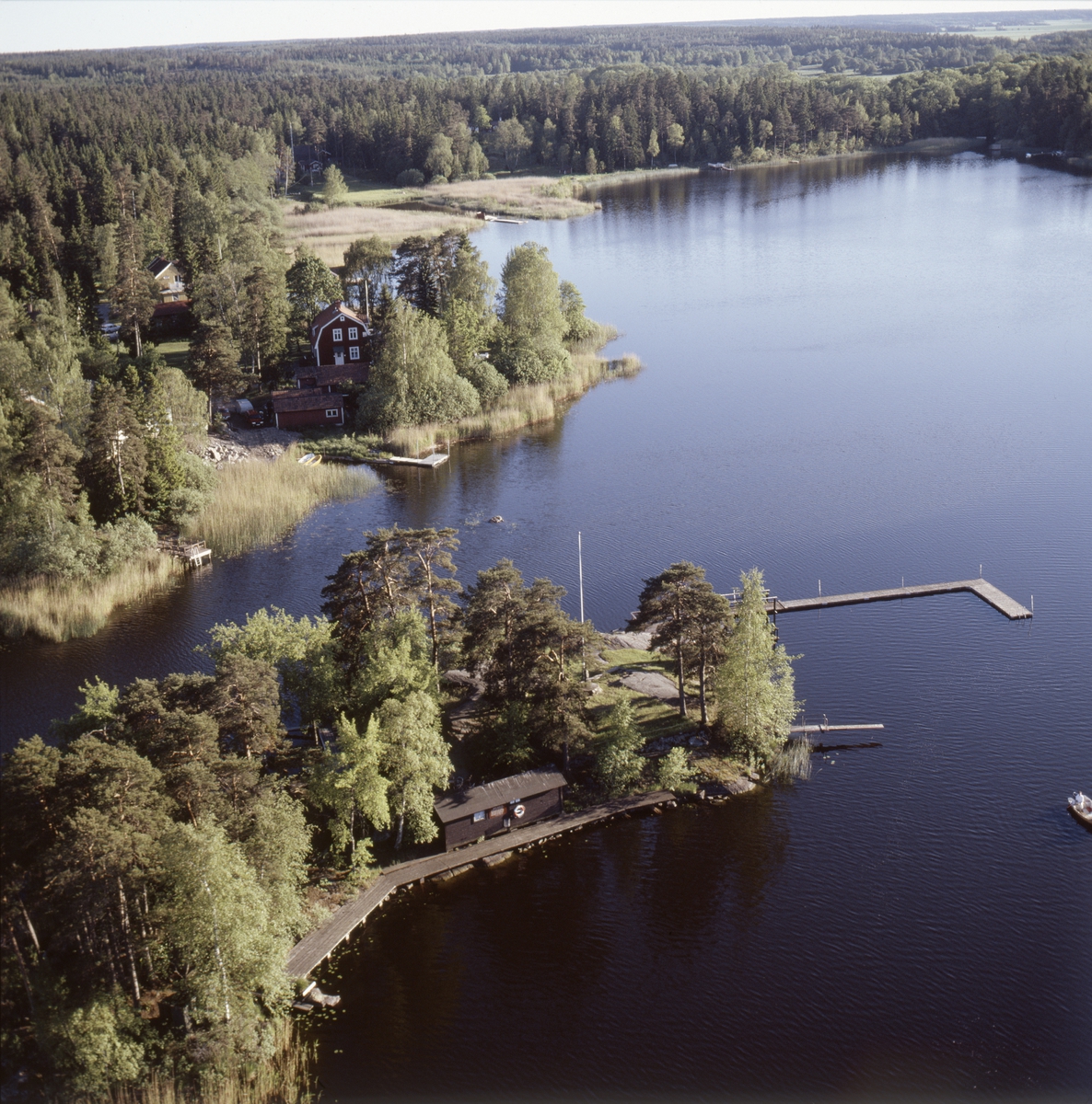 Vy över Tärnholmen i sjön Trehörningen, Marielund, Funbo socken, Uppland juli 1989
