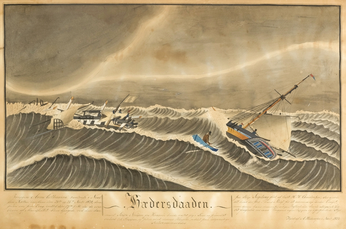 Forestiller briggens redning ved den danske slup efter forlis i Nordsjøen 24-25 nov. 1821. Briggens styrmann Salve Nielsen svømmet ombord i sluppen og førte briggens mannskap over i sluppens båt