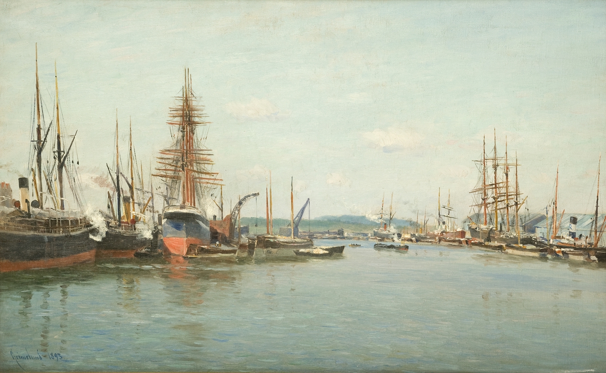 Småbåter, seilskip og dampskip i Rouen havn, Frankrike