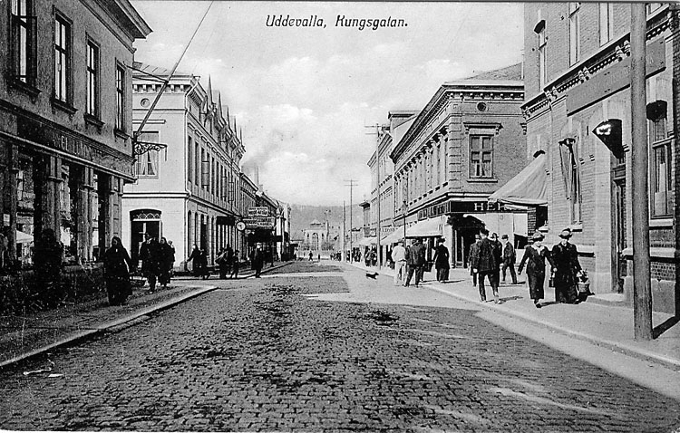 Tryckt text på vykortets framsida: "Uddevalla Kungsgatan".