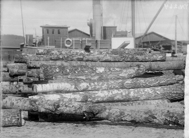 Enligt senare noteringar: "Aspstockar avsedda för Tändsticksfabriken i hamnen, Uddevalla. I bakgrunden kommandobryggan på mindre lastångare."