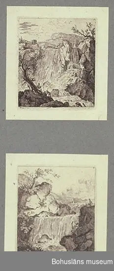 Ur handskrivna katalogen 1957-1958:
Tjugoen gravyrer av diverse slag
Landskaps- o jaktstycken av Nageoires, "A-E" m. fl. H. fr. 9 till 15,5 cm. Br. fr. 11,5 till 21 cm. Ej inramade.