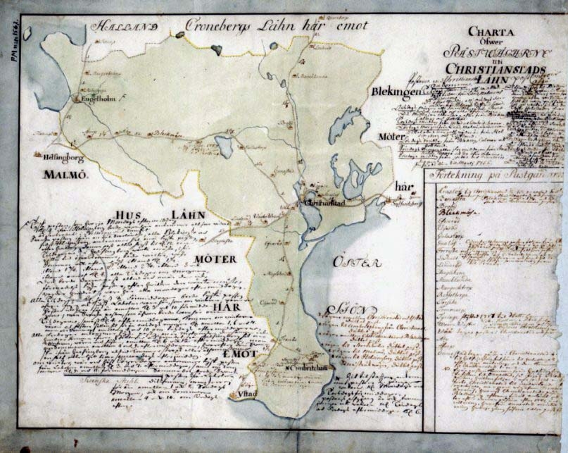 Postkarta över postvägarna i Kristianstads län, Skåne, under 1700-talets mitt. Kartan visar endast Kristianstads län, de angränsande länen namnges endast vid sidan om. En förteckning över postgårdar finns i nedre högra hörnet. I övrigt är kart bilden översållad med anteckningar av postal natur. Kartan är ritad och kolorerad för hand.