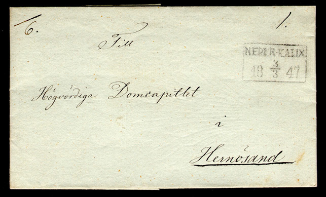 Albumblad innehållande 1 monterat förfilatelistiskt brev

Text: Brevomslag från Nederkalix den 3 mars 1847 till Hernösand

Stämpeltyp: Normalstämpel 7  typ 2