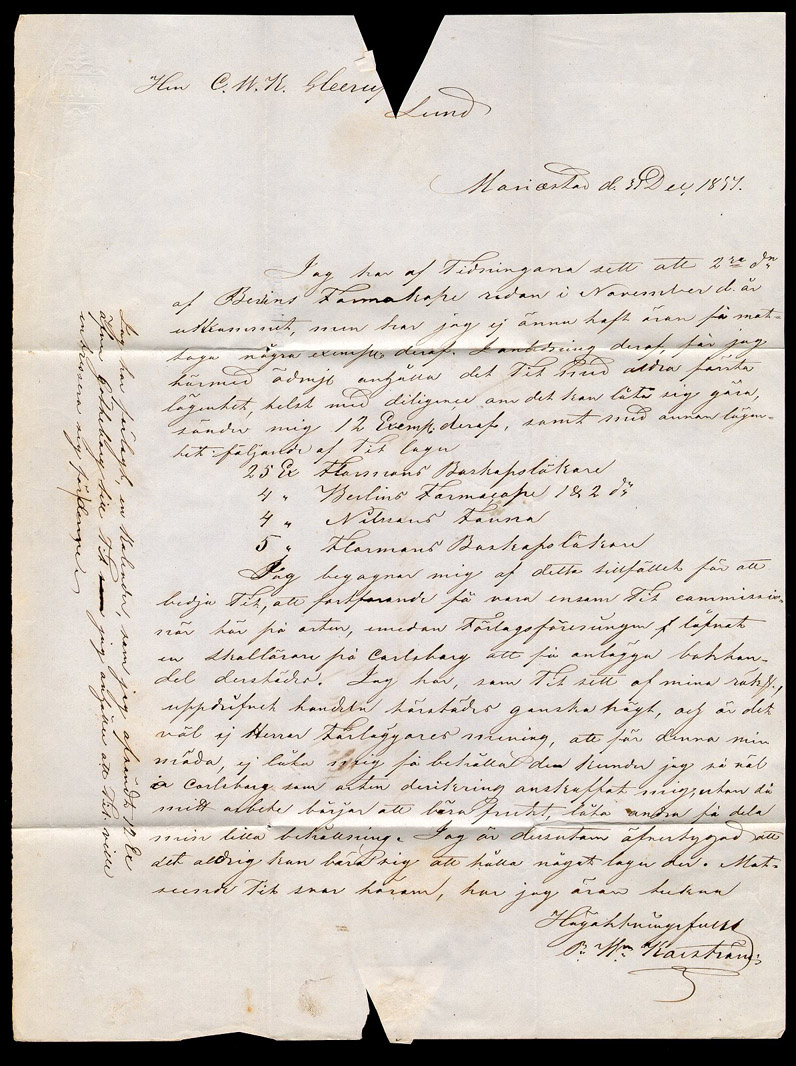Albumblad innehållande 1 monterat förfilatelistiskt brev

Text: Brev från Mariestad den 1 januari 1852 till Lund

Stämpeltyp: Cirkelstämpel Mariestad