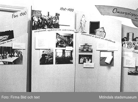 Interiörbilder från utställningen "Är du inte riktigt klok?". En utställning om utvecklingsstörda medmänniskor från Stretereds skolhem och institutionsvård. Visades 16 mars - 14 oktober 1990 på Mölndals museum (senare Mölndals stadsmuseum).