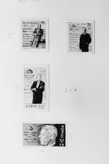 Frimärksförlagor till frimärket Gustaf VI Adolfs 80 år, utgivet 10/11 1962. Gustaf VI Adolf (1882 - 1973). Förslagsteckningar utförda av David Tägström. (I Postmusei samlingar).