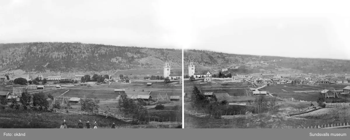 Panorama över Västermalm och centrala delen samt vy ned mot inloppet från söder. I bildsviten finns tre olika utsnitt av samma vy. Före branden 1888.
