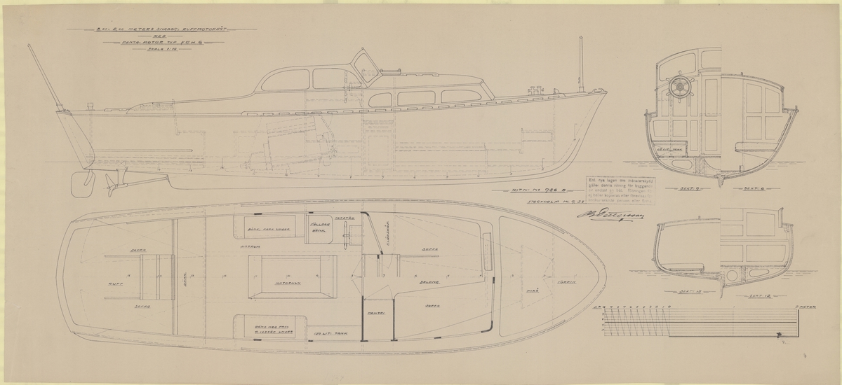 Snabbgående ruffmotorbåt.

Inredningsritning i profil, plan och sektioner