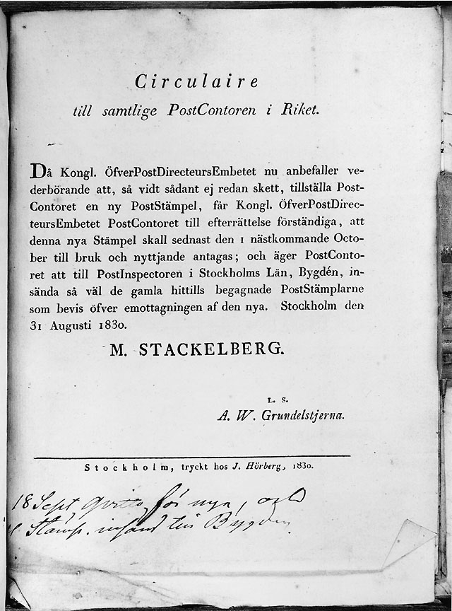 Cirkulation till samtlige Post Contoren i Riket, daterat Stockholm
den 31 augusti 1830.