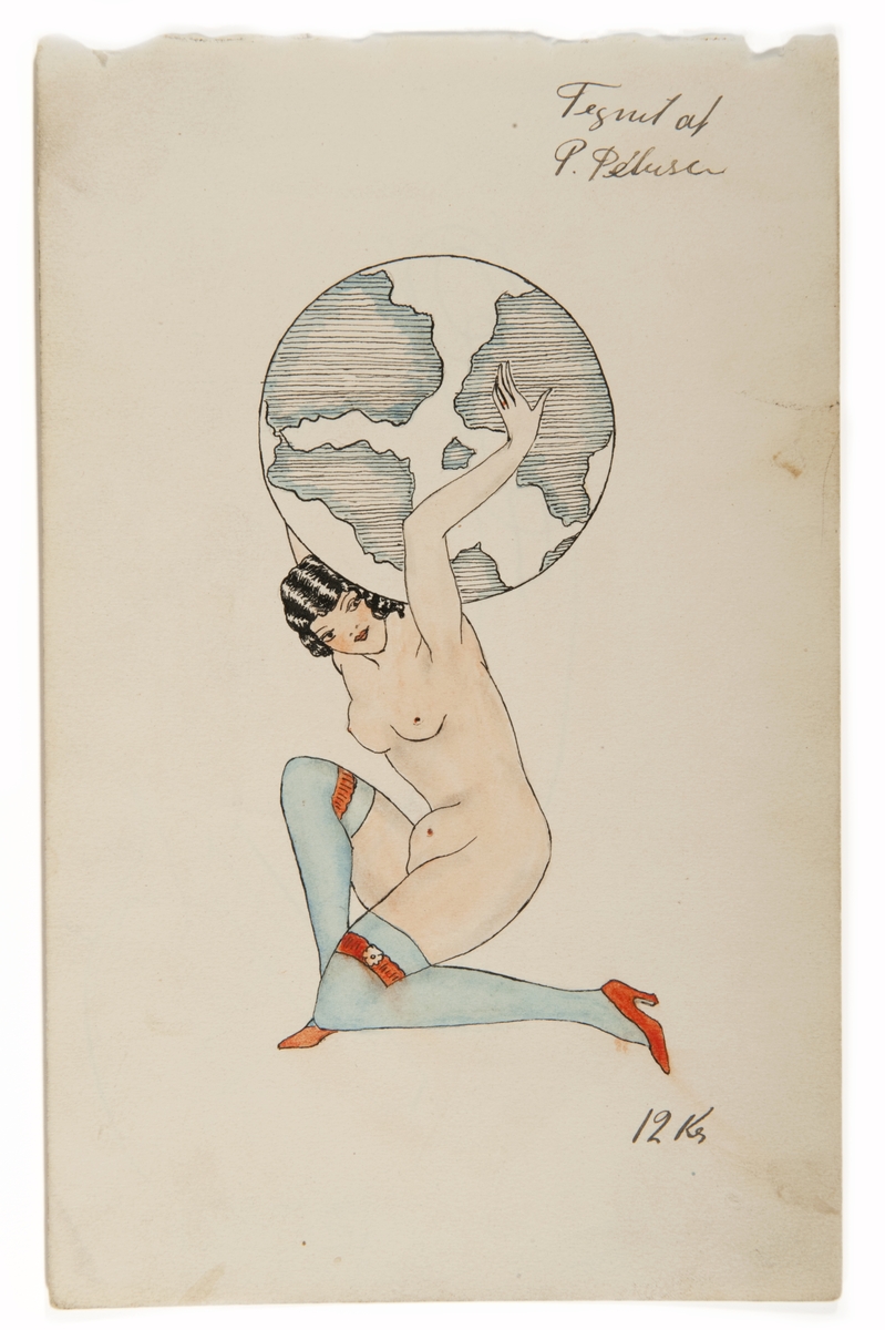 Tatueringsförlaga. Knäböjande kvinna i blå strumpor och röda skor, bärande en jordglob.

"Röda skor och bara ben var på 1920-talet väldigt sexuellt laddade. Jordgloben återkommer på flera motiv. Det kan tolkas som att sjömannen är en världsresenär och internationell. Kvinnan kan även tolkas som en Atlasfigur som bär upp jorden. Också i jugendkonsten (1890-1920) förekommer motiv där kvinnor bär upp en jordglob. På 1920- och 30-talen var kvinnliga stumfilmsstjärnor ofta inspirationskällor till den här typen av motiv. "

Text från appen "Tatuera dig med Sjöhistoriska" som gjordes i samband med utställningen Tro, hopp och kärlek 2012.