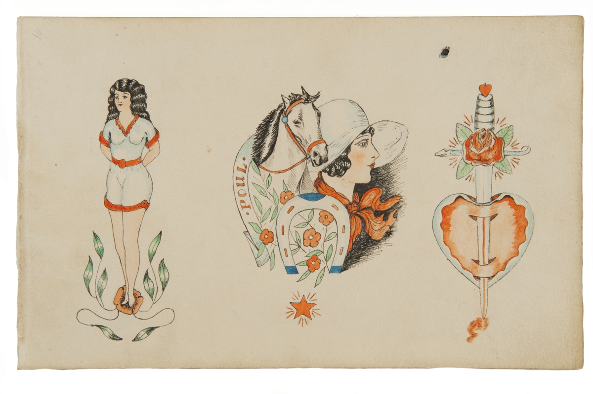 Tatueringsförlaga. Tre olika motiv. 1. Kvinna i helfigur, stående på blomma. 2. En vit häst med rött betsel och en banderoll med påskkriften "POUL", en kvinna i vit solhatt och röd halsduk, en hästsko med blommor samt en röd stjärna. 3. Ett hjärta genomstucket av en dolk dekorerad med en orm, en ros och ett hjärta.

3) "Dolken, hjärtat och rosen öppnar vägen för flera symboliska tolkningar. Ibland kallas den här typen av komposition "Death before dishonour", även om elementen i kompositionen varierar. "Death before dishonour" betyder i korthet att det sista personen ger upp är hedern. Studier som gjorts i ryska fängelser visar att variationer av motivet idag är vanligt bland fångar. Under tidigt 1900-tal ska det ha varit ett vanligt motiv bland prostituerade i New York."

Text från appen "Tatuera dig med Sjöhistoriska" som gjordes i samband med utställningen Tro, hopp och kärlek 2012.