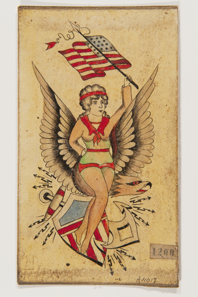 Tatueringsförlaga. Kvinna med rött hårband och grön gördel med en amerikansk flagga i handen. I bakgrunden örn, ett ankare och en sköld i amerikanska färger.