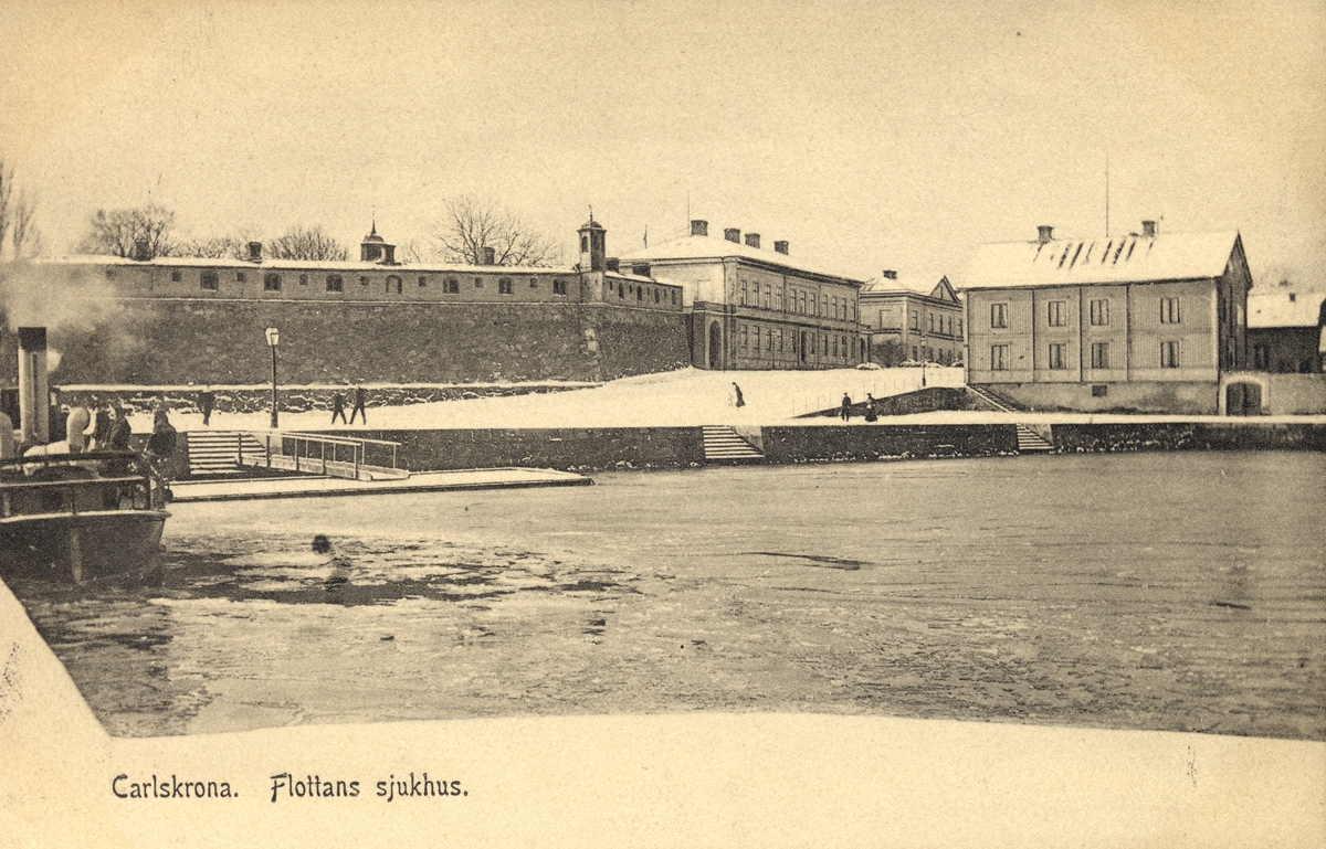 Bilden visar Bastion Aurora, Flottans sjukhus och Kungsbron på vintertid.