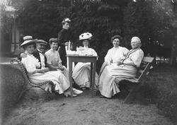 hage, gruppe, kvinner6, hushjelp, mann, hagemøbler, kaffebor