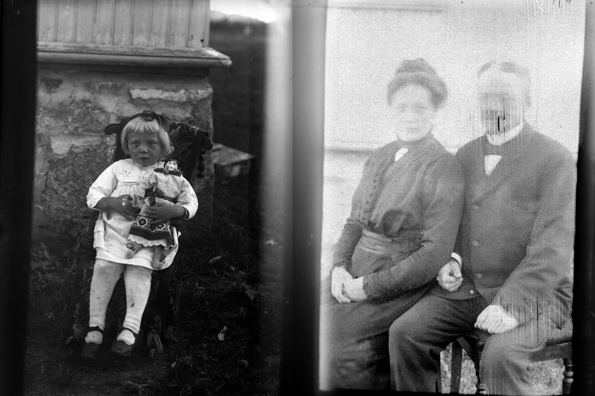 Reproduksjon av to bilder. Det ene viser en jente med en dukke i armene, mens det andre er et portrett av et sittende par.