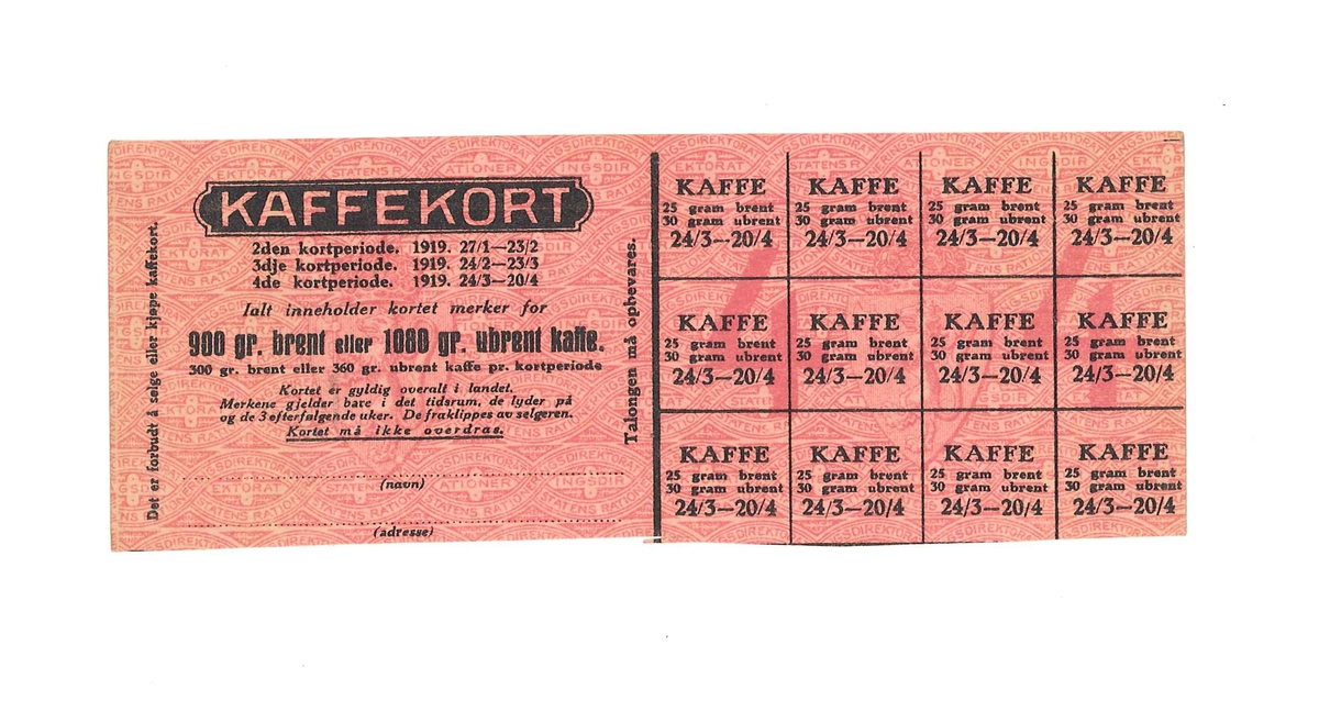Rasjoneringskort for kaffi i 1919. Kortet er påbegynt.