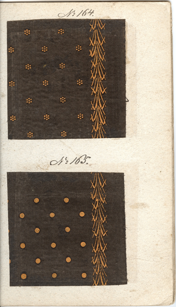 En sida ur ett album innehållande färgprover. Detta är ett av två st. album innehållande färg- och tygprover från Söderbergs färgeri i Vänersborg daterade den 29 Sept. 1838.


Trasigt album med lösa sidor.
