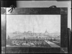 Avfotografert tegning/akvarell av Rakkestad kirke og presteg