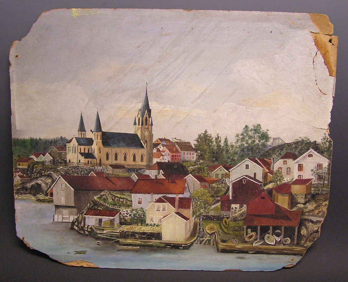 Gamle Kirkebukten i Kragerø før brann 1886. Husenes farge angitt. 