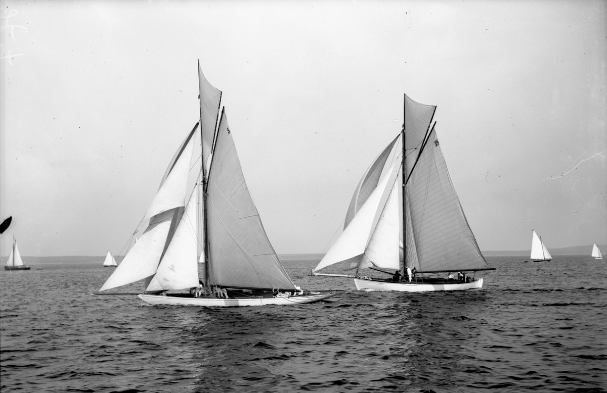 Seilbåter i regatta. Kuttter 'Mariatta' og 'Venus' under jubileumsregattaen i Horten, 1914