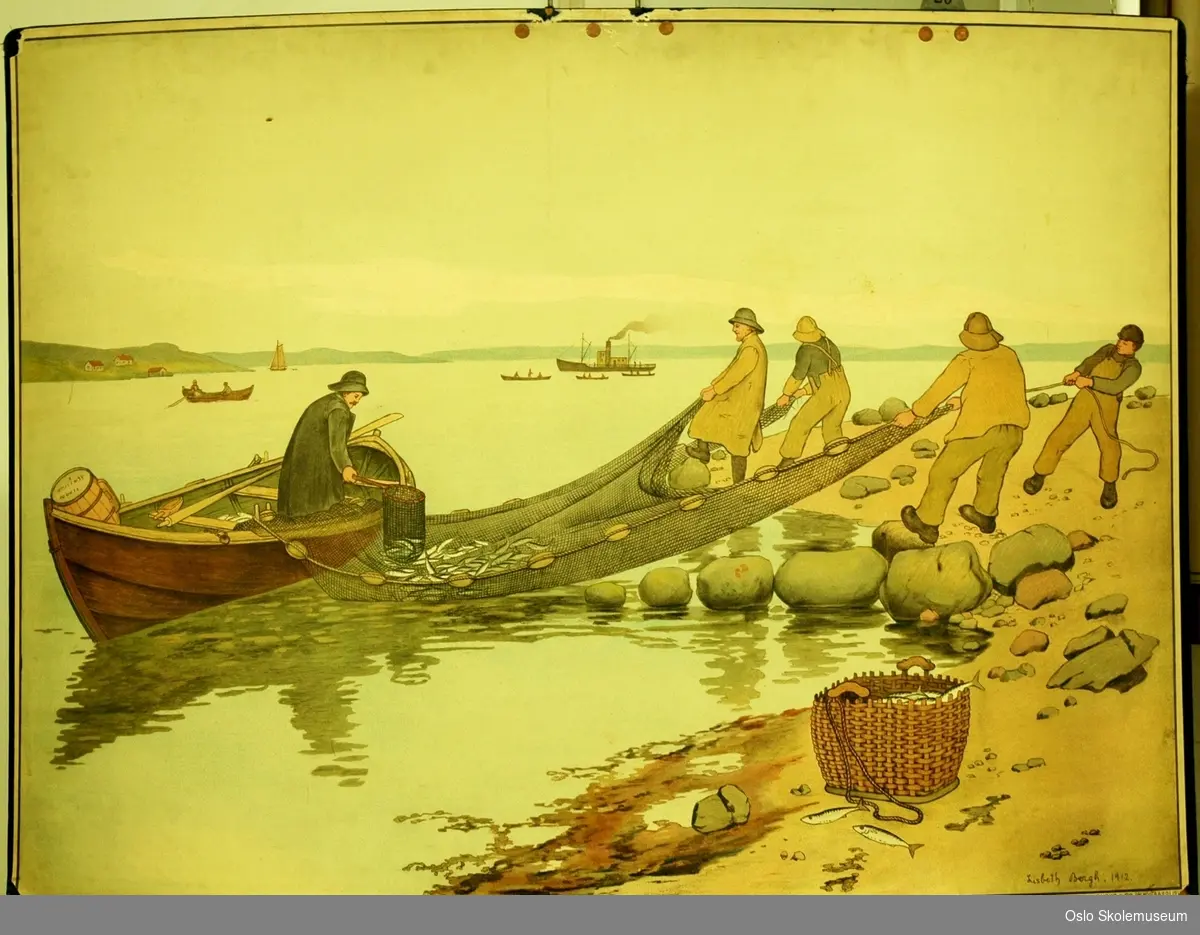 Fem menn som fisker makrell med en robåt og garn.