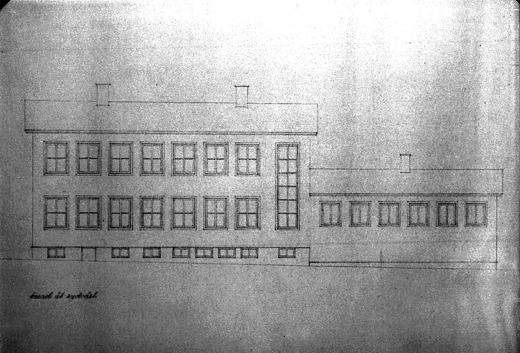 Enligt noteringar: "Avfotograferad skiss på skolbyggnad, troligen tänkt nybyggnad vid Munkedals Centralskola." (BJ)