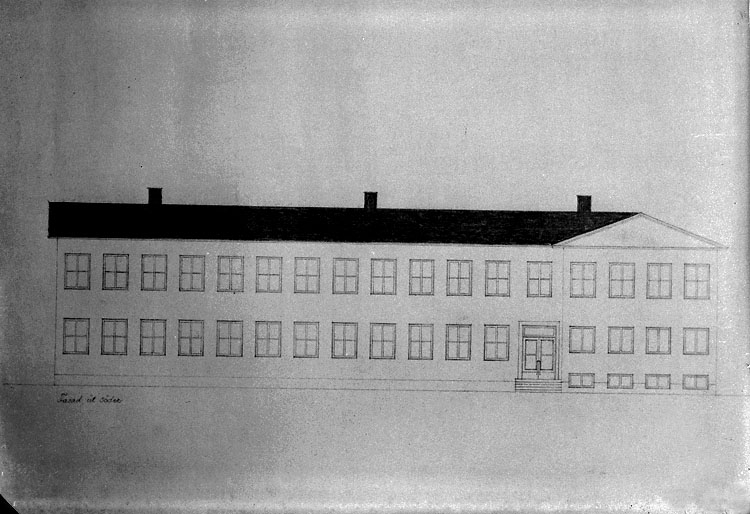 Enligt noteringar: "Avfotograferad skiss på skolbyggnad, troligen tänkt nybyggnad vid Munkedals Centralskola." (BJ)
